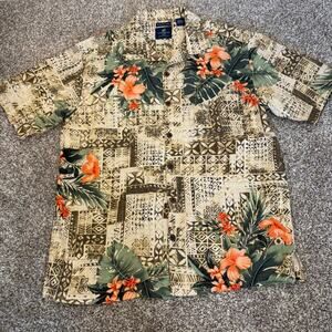 Caribbean Joe 100% Silk Hawaiian Camp Shirt Mens Lg Tapa Print Tropical Aloha